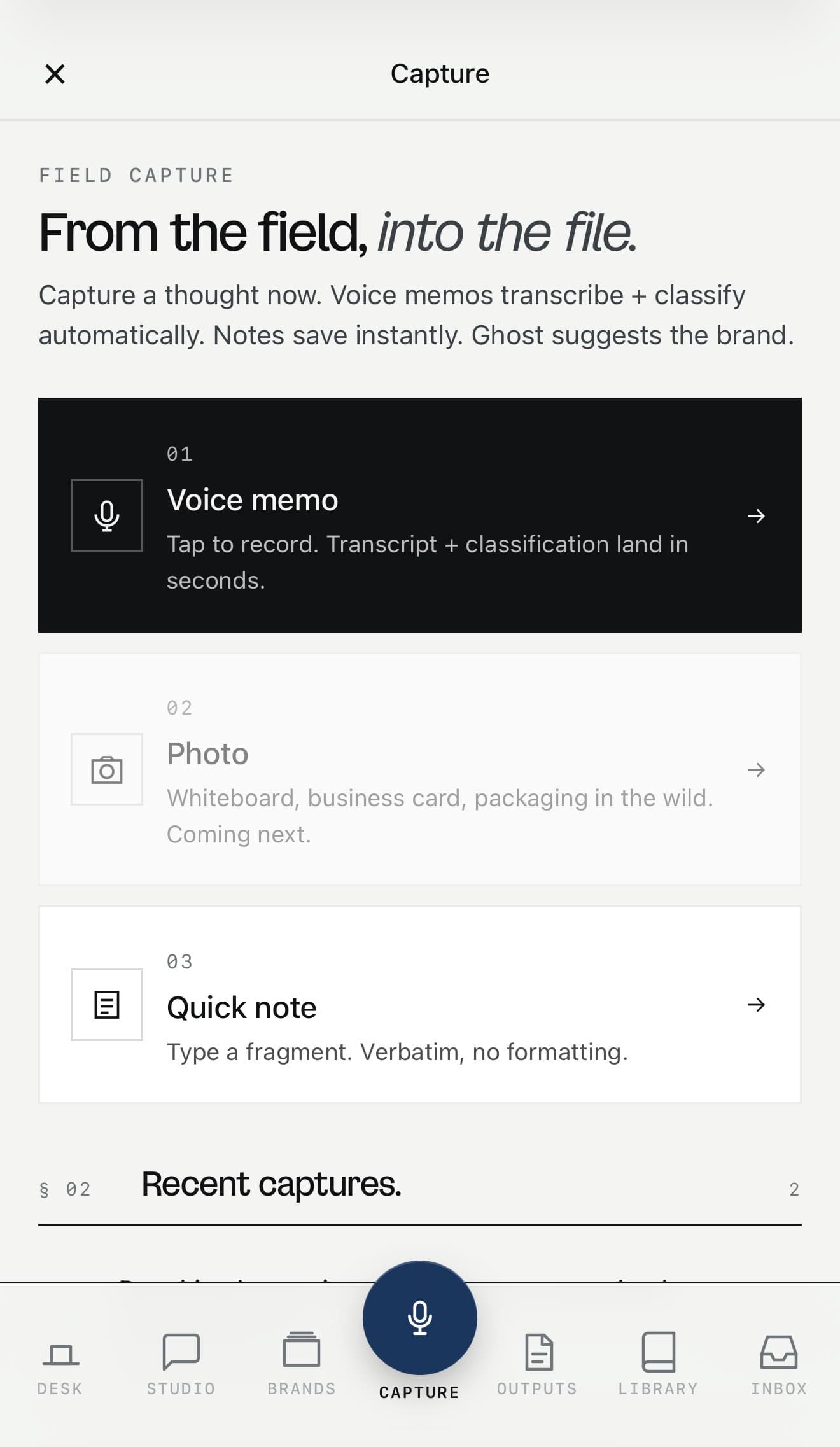 Ghost mobile · Field Capture screen